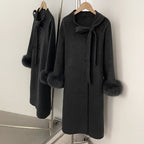 OFTBUY New Women's Double-Faced Wool Coat with Real Fox Fur Design Belted Bow Warm Winter Elegant Fashion Outerwear Woolen Coat