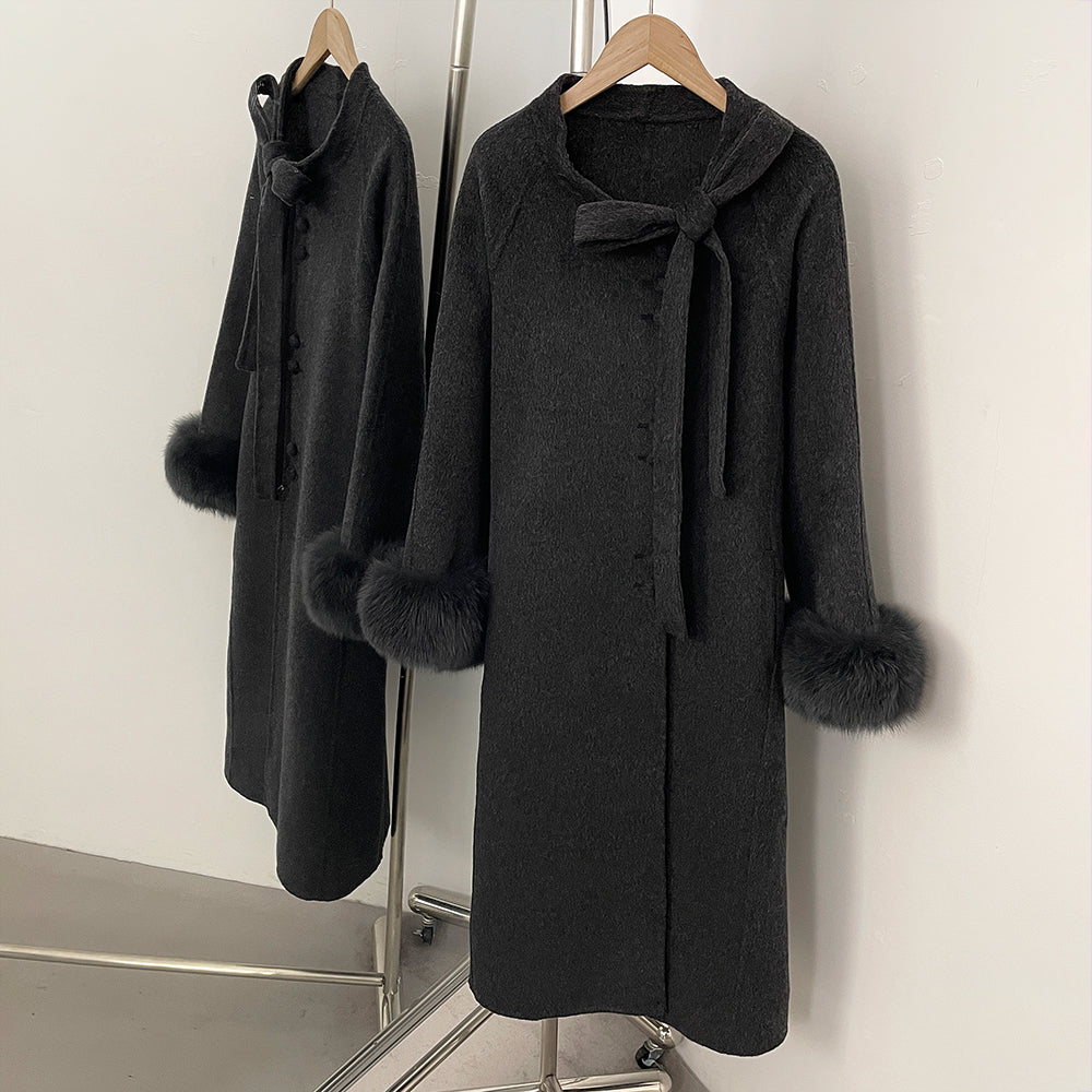 OFTBUY New Women's Double-Faced Wool Coat with Real Fox Fur Design Belted Bow Warm Winter Elegant Fashion Outerwear Woolen Coat
