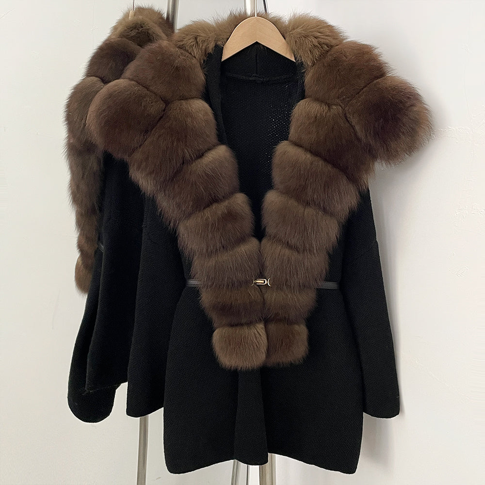 OFTBUY Fashion Belt Warm Sweater Female Natural Fur Loose Cadigan Coat Women Medium Length Knit Jacket with Real Fox Fur Collar