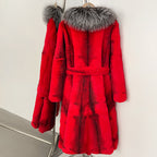 Back full shot of bold red gradient genuine rabbit fur winter overcoat