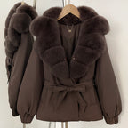 OFTBUY Winter Warm Women Real duck Down Jackets Natural Real Fox Fur Collar Puffer Jackets Belt Female Outwear Coats Hot Sale