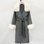 OFTBUY Fashion Warm Wool Coat with Real Fox Fur Collar New Autumn Winter Long Clothing Women Belt Elegant Woolen Jcacket Female