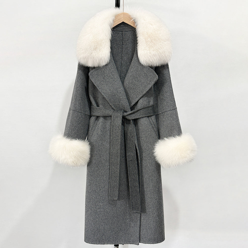 OFTBUY Fashion Warm Wool Coat with Real Fox Fur Collar New Autumn Winter Long Clothing Women Belt Elegant Woolen Jcacket Female
