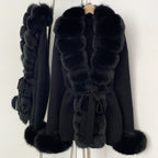 OFTBUY Belt Textured Knit Warm Winter Luxury Outerwear Female Sweater Cardigan New Women's Knit Coat with Large Real Fox Fur