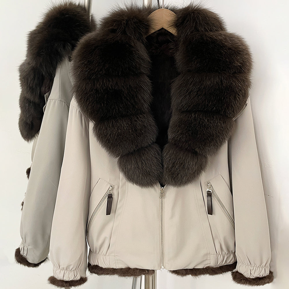 OFTBUY Luxury Real Fox Fur Collar Parka - Premium Real Rabbit Fur Lined Bomber Jacket for Extreme Cold