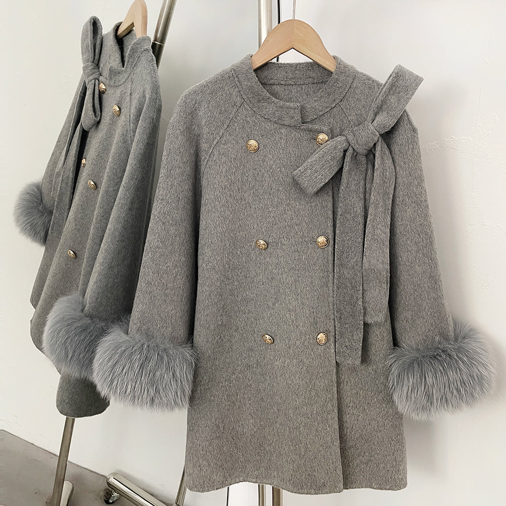 OFTBUY Bow Wool Jacket Mid-length Round Neck 100% Wool Coat Female New Autumn Winter Double-breasted Real Fox Fur Woolen Clothes