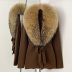 OFTBUY New Autumn Winter Luxury Fashion Outerwear Lady Women's Knit Coat with Large Real Fox Fur Collar Belt Textured Knit Warm
