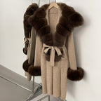 OFTBUY Fashion Warm Belt Real Fox Fur Cardigan New Natural Fur Collar Long Knit Jacket Women Atrumn Winter Top Clothing Female
