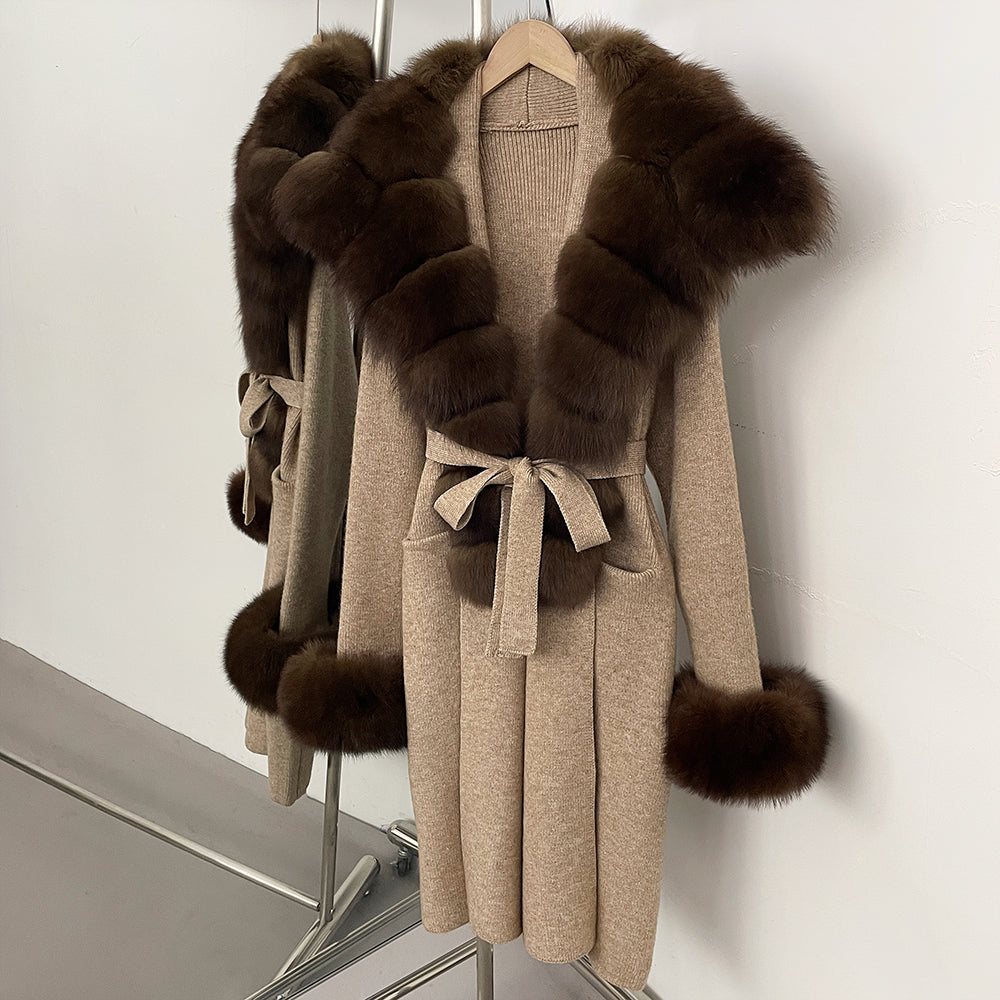 OFTBUY Fashion Warm Belt Real Fox Fur Cardigan New Natural Fur Collar Long Knit Jacket Women Atrumn Winter Top Clothing Female
