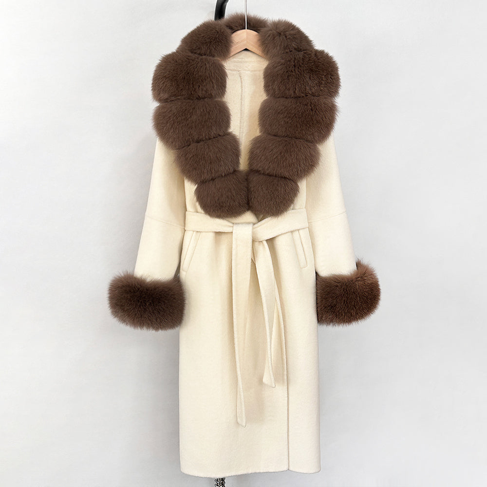 OFTBUY New Women's Double-Faced Wool Coat with Large Real Fox Fur Belted Warm Winter Luxury Fashion Outerwear Woolen Jacket Lady