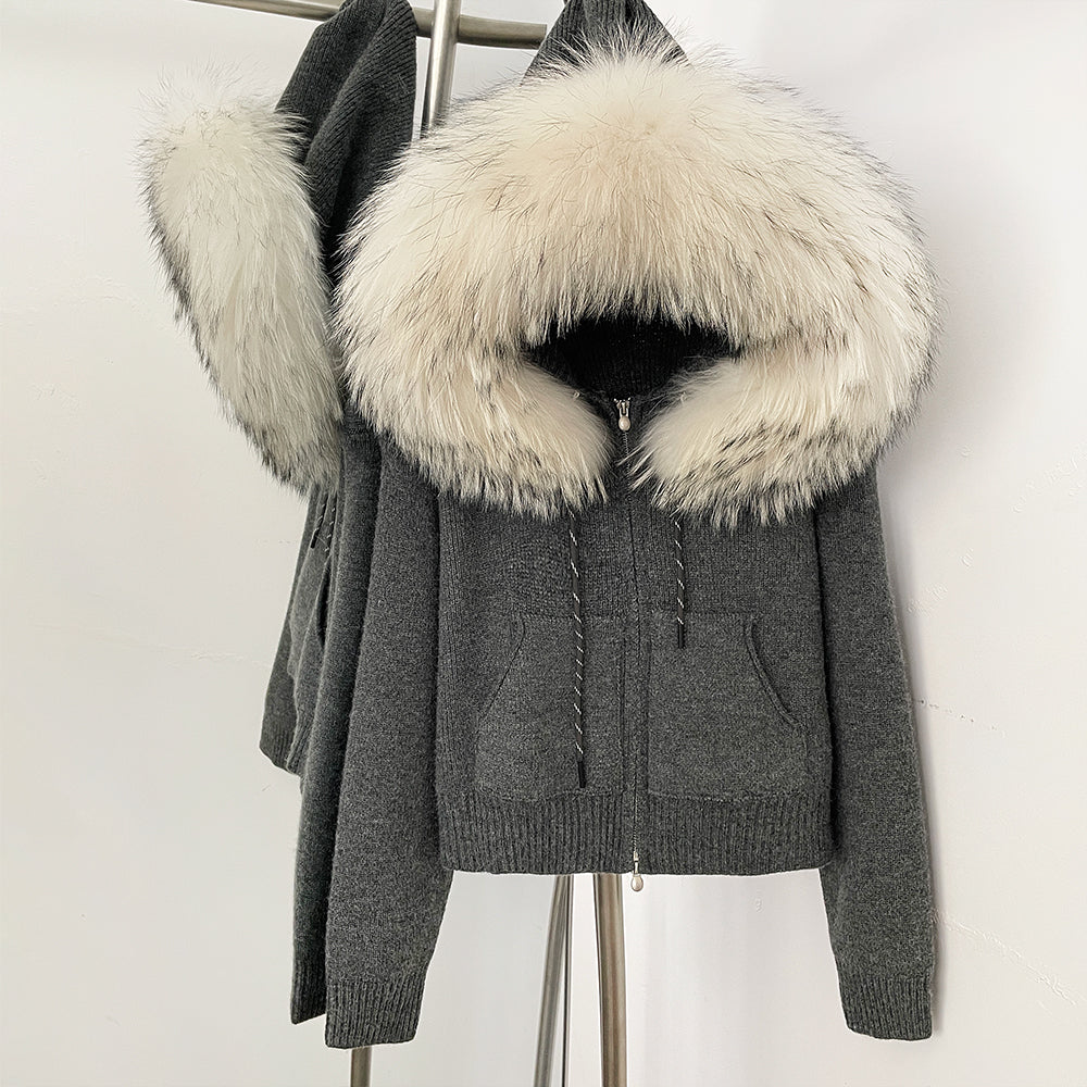 OFTBUY New Women's Beige Knit Hoodie with Large Real Fox Fur Trim Zipper Pockets Warm Winter Fashion Casual Outerwear Lady