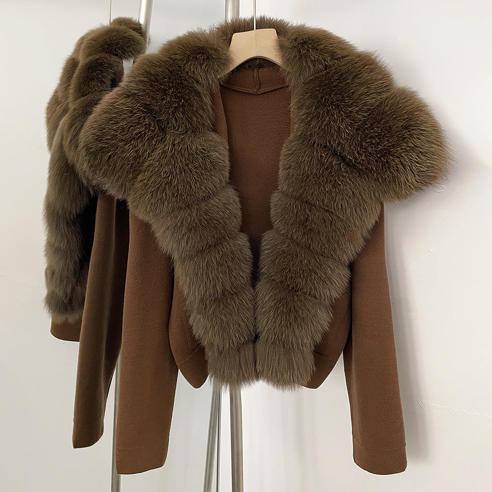 OFTBUY Women's Short Cardigan with Big Real Fox Fur Collar New Autumn Winter Knit Clothing Female Natural Fur Warm Sweater Lady
