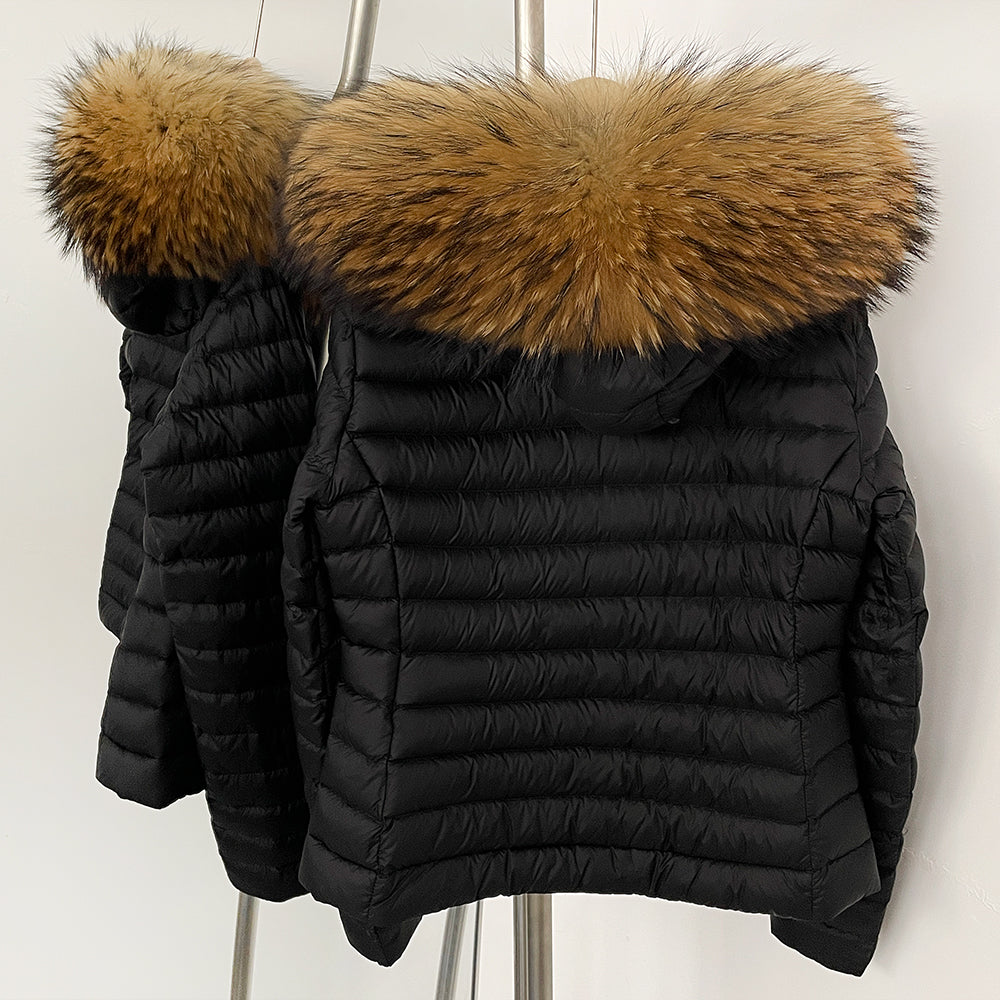 OFTBUY Hooded Slim Real Fox Fur Collar Fluffy Puffer Jacket Women New Winter Short Top Clothing Female Fur White Duck Down Coat