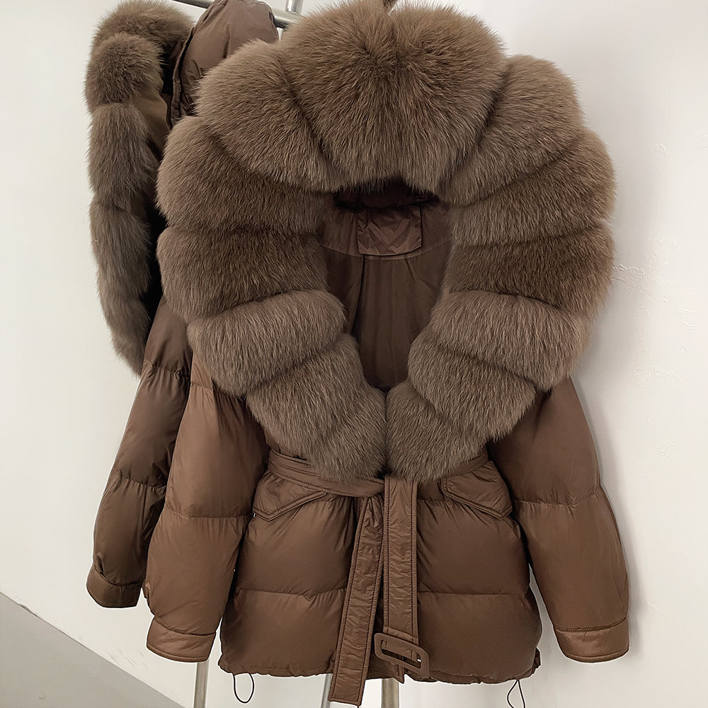 OFTBUY Thick Warm Mid-Long Puffer Coat Real Fox Fur Collar White Duck Down Coat Female Loose Warm Hooded Parkas With Belt