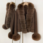 OFTBUY Women's Wool Coat with Real Fox Fur Trim Luxury Jacket with Fur Cuffs New Autumn Warm Winter Woolen Clothes Outerwear