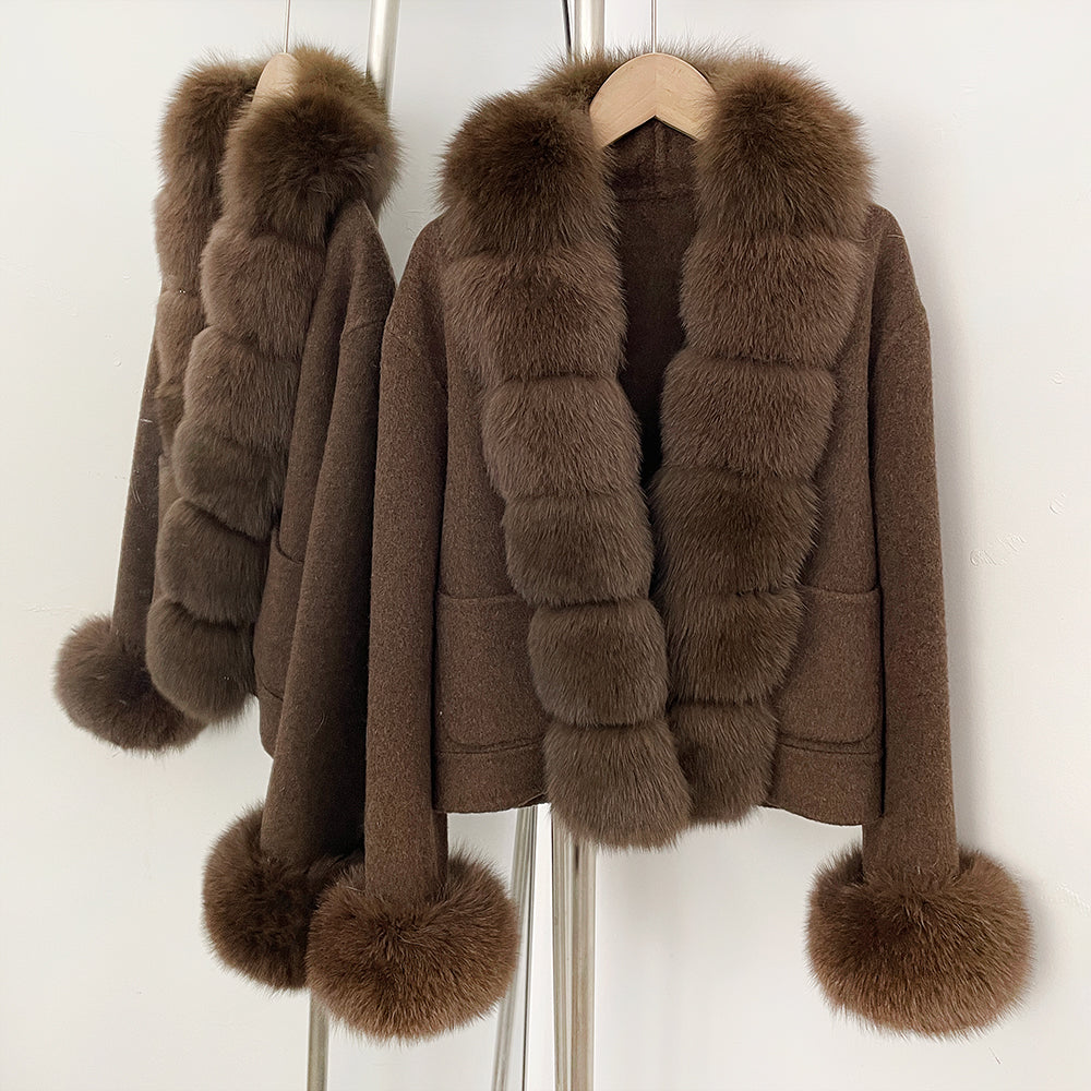 OFTBUY Women's Wool Coat with Real Fox Fur Trim Luxury Jacket with Fur Cuffs New Autumn Warm Winter Woolen Clothes Outerwear
