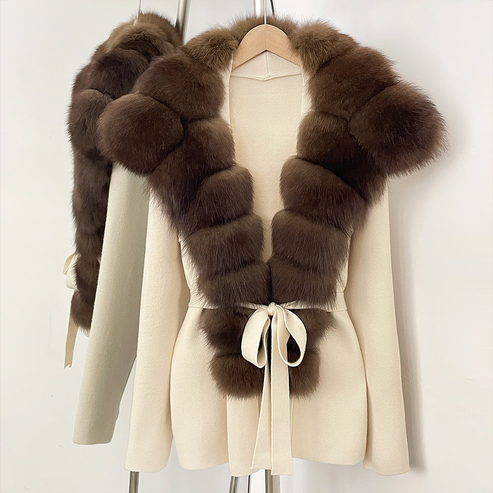 OFTBUY New Women's Knit Cardigan with Oversized Real Fox Fur Collar Belt Luxury Warm Winter Outerwear Sweater Jacket Female