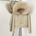 OFTBUY New Women's Beige Knit Hoodie with Large Real Fox Fur Trim Zipper Pockets Warm Winter Fashion Casual Outerwear Lady