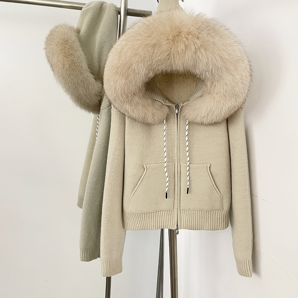 OFTBUY New Women's Beige Knit Hoodie with Large Real Fox Fur Trim Zipper Pockets Warm Winter Fashion Casual Outerwear Lady