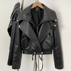 OFTBUY Women's Black Faux Leather Cropped Moto Jacket Asymmetric Zip PU Biker Coat Female New Autumn Vintage Punk Outerwear