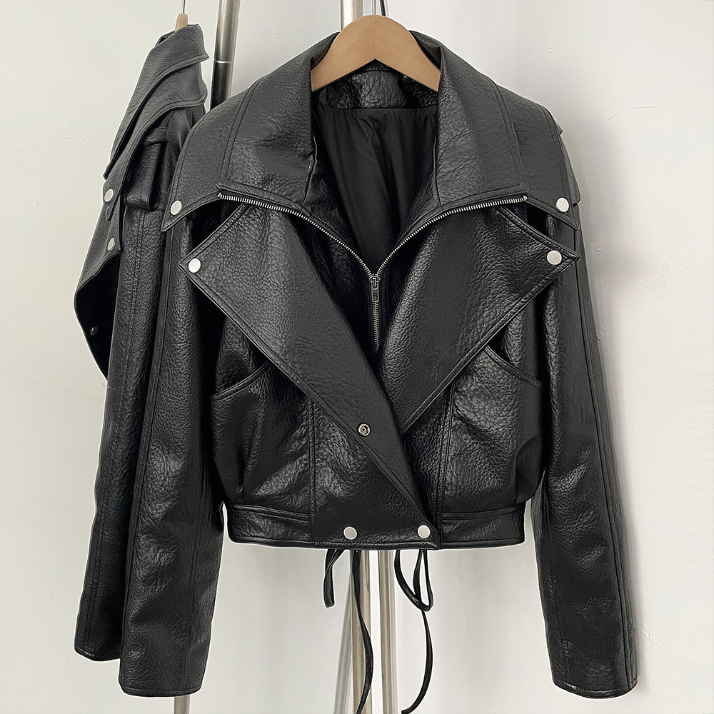 OFTBUY Women's Black Faux Leather Cropped Moto Jacket Asymmetric Zip PU Biker Coat Female New Autumn Vintage Punk Outerwear