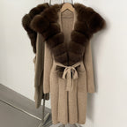 OFTBUY New Natural Fur Collar Long Knit Jacket Women Atrumn Winter Top Clothing Female Fashion Warm Belt Real Fox Fur Cardigan