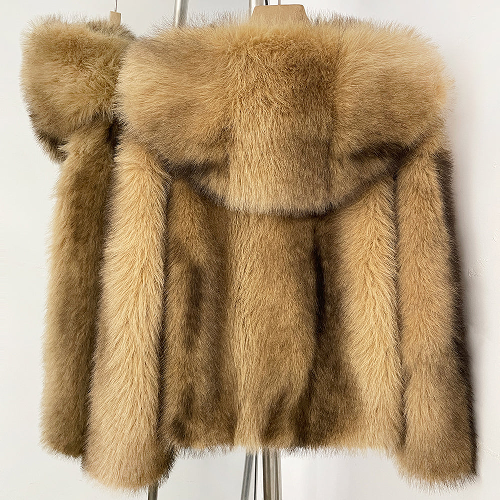 OFTBUY Luxury Hooded Faux Fur Jacket - Premium Vegan Silver Fox Style Cropped Winter Coat
