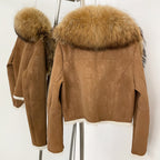 OFTBUY Luxury Suede Jacket with Real Rabbit Fur Lining & Oversized Fox/Raccoon Fur Collar