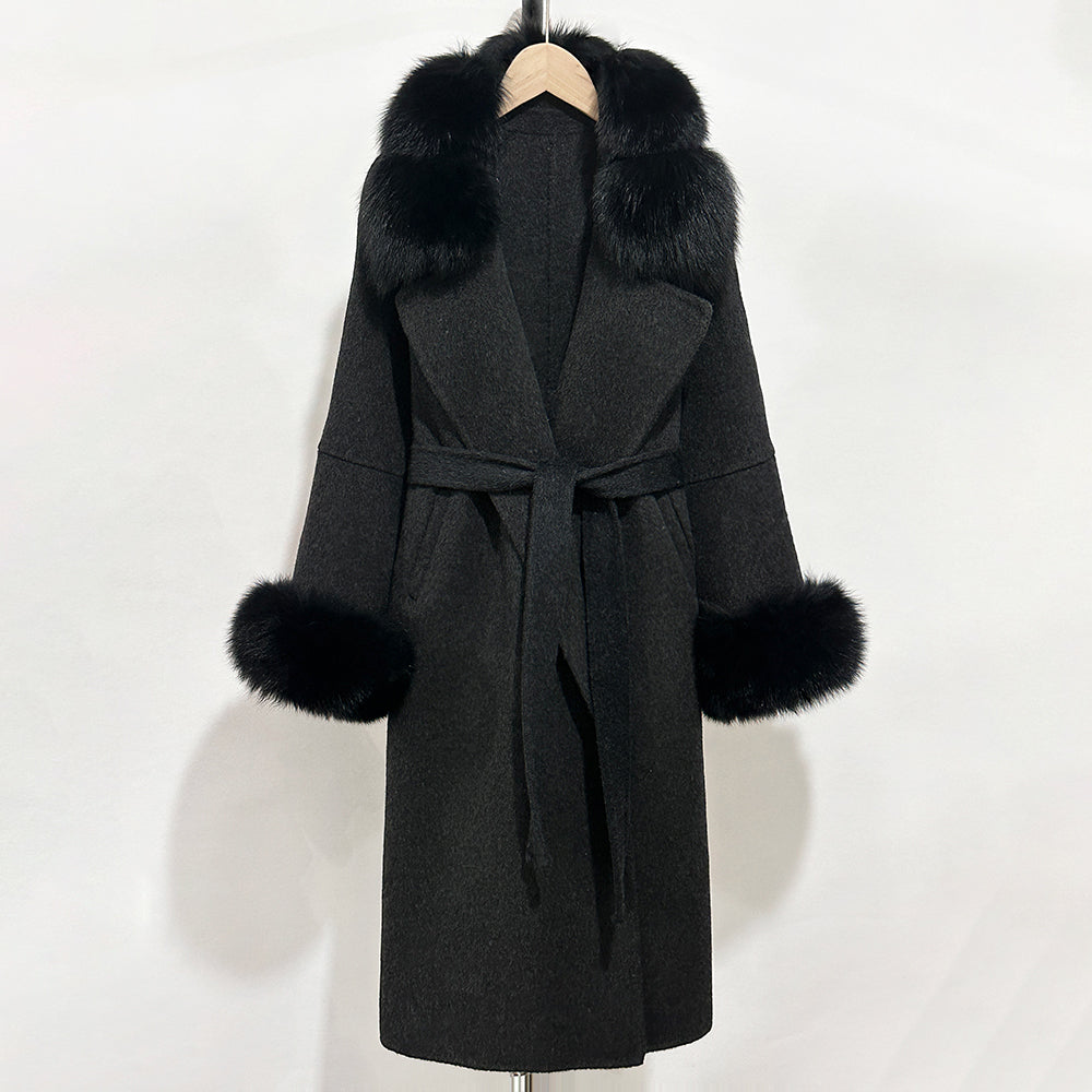 OFTBUY Belted Long Warm Winter Elegant Fashion Outerwear New Women's Double-Faced Wool Coat with Real Fox Fur Collar and Cuffs