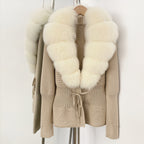 OFTBUY Luxury 100% Cotton Jacket with Real Fox Fur Collar New Autumn Winter Knit Cardigan Women Slim Warm Sweater Outerwear Lady