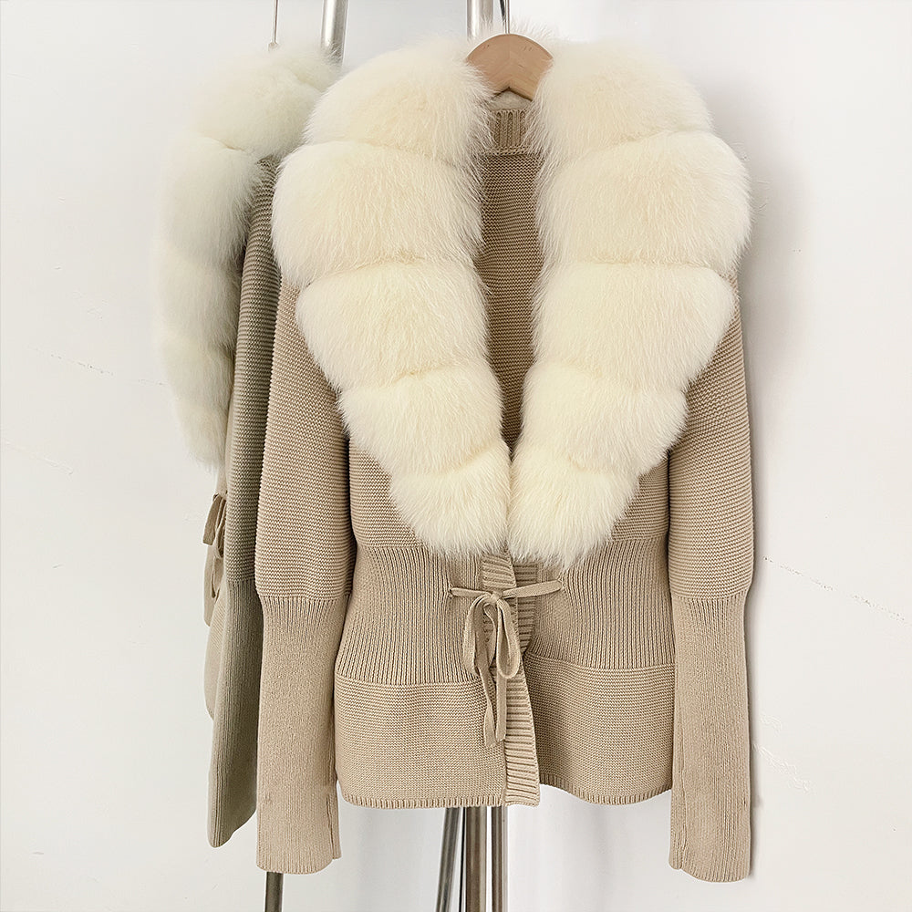 OFTBUY Luxury 100% Cotton Jacket with Real Fox Fur Collar New Autumn Winter Knit Cardigan Women Slim Warm Sweater Outerwear Lady