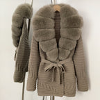 OFTBUY New Women's Knit Coat with Large Real Fox Fur Collar Belted Waist Striped Texture Pockets Winter Luxury Elegant Outerwear