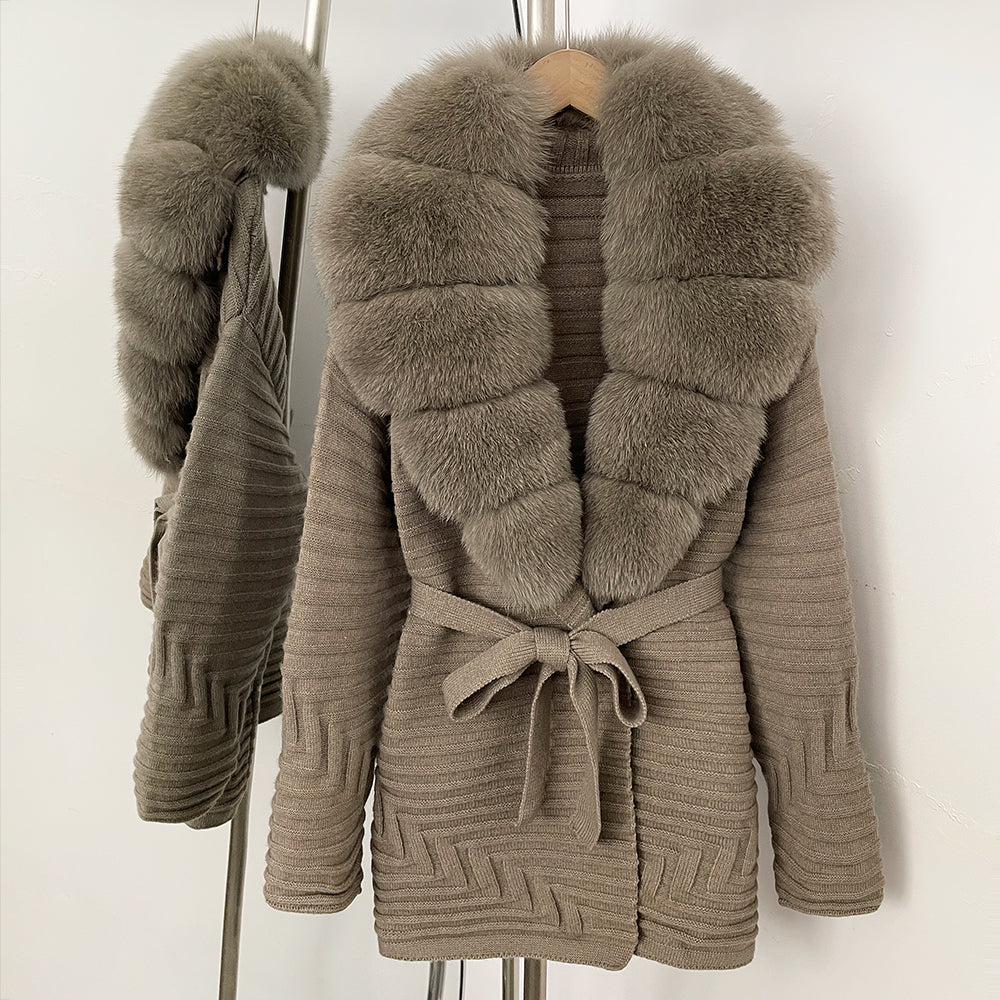 OFTBUY New Women's Knit Coat with Large Real Fox Fur Collar Belted Waist Striped Texture Pockets Winter Luxury Elegant Outerwear