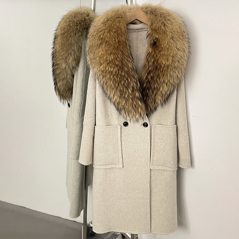 OFTBUY Double Breasted Pockets Long Luxury Warm Winter Outerwear New Women's Double-Faced Wool Coat with Real Fox Fur Collar