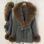 OFTBUY Belted Waist Striped Texture Pockets New Women's Knit Coat with Large Real Fox Fur Collar Winter Luxury Elegant Outerwear