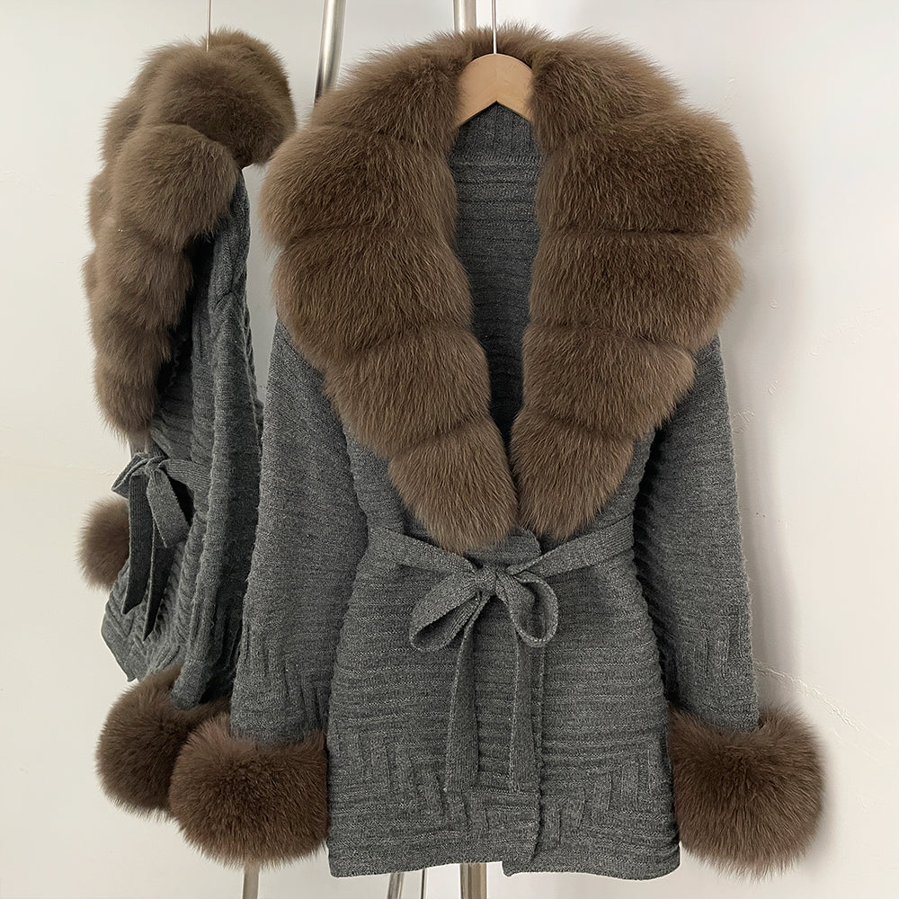 OFTBUY Belted Waist Striped Texture Pockets New Women's Knit Coat with Large Real Fox Fur Collar Winter Luxury Elegant Outerwear