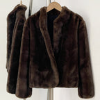 Close-up plush stand collar detail on brown faux mink coat