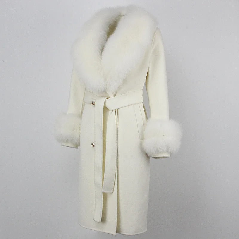 OFTBUY Winter Jacket Women Long Natural Wool Blends Cashmere Real Fur Coat Double Breasted Belt Warm Streetwear New Fashion
