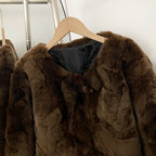 OFTBUY Women's Brown Patchwork Real Rex Rabbit Fur Short Coat V-Neck Open Front Fur Jacket Female New Autumn Winter Outerwear