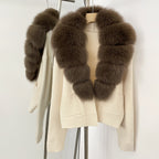 OFTBUY New Women's Knit Cardigan with Large Real Fox Fur Collar Loose Fit Warm Winter Fashion Lady Outerwear Sweater Female