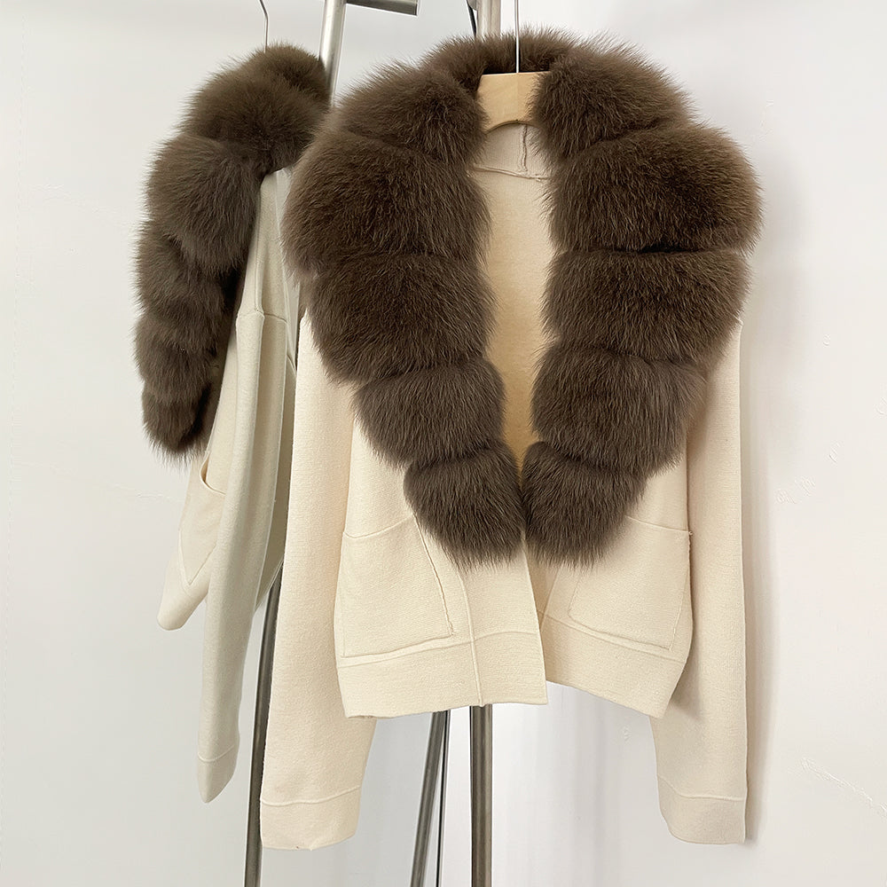 OFTBUY New Women's Knit Cardigan with Large Real Fox Fur Collar Loose Fit Warm Winter Fashion Lady Outerwear Sweater Female