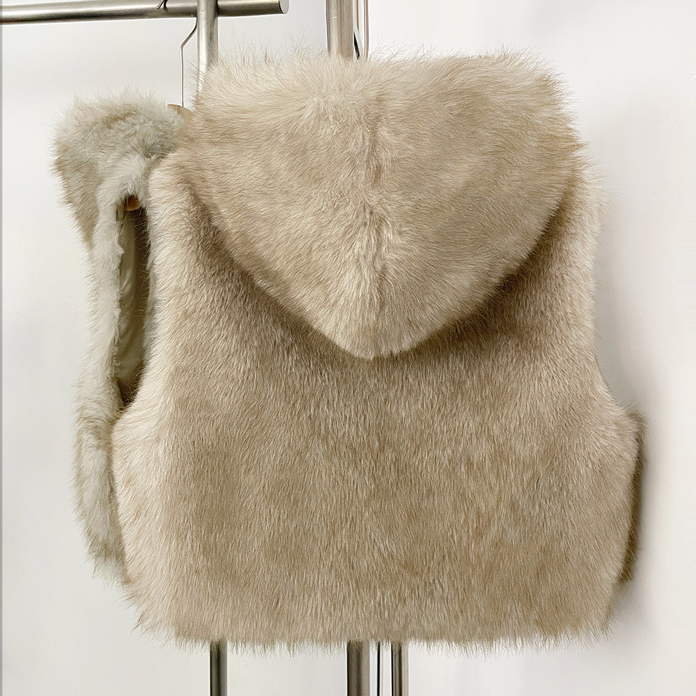 OFTBUY New Women's Faux Fur Hooded Sleeveless Vest Coat Zipper Soft Fluffy Warm Winter Fashion Outerwear Fake Fur Jacket Female