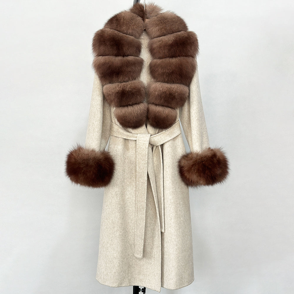 OFTBUY Fashion Warm Woolen Jacket with Real Fox Fur Collar and Cuffs New Autumn Winter Wool Clothing Women Long Belt Outerwear