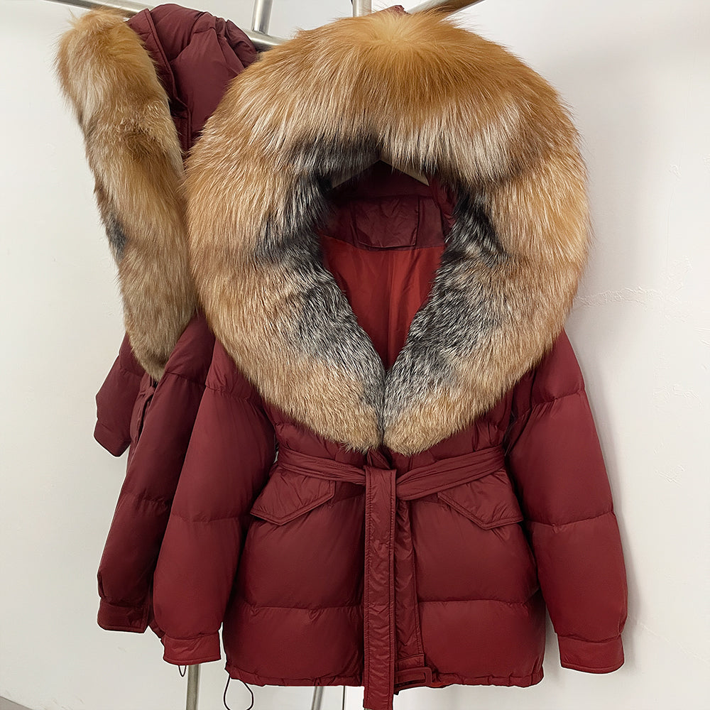 OFTBUY Thick Warm Mid-Long Puffer Coat Real Fox Fur Collar White Duck Down Coat Female Loose Warm Hooded Parkas With Belt