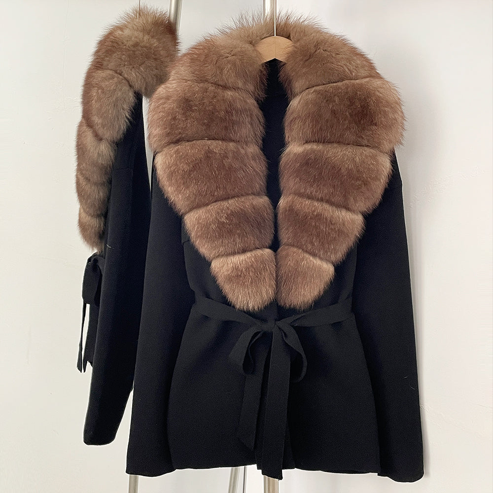 OFTBUY New Autumn Winter Luxury Fashion Outerwear Lady Women's Knit Coat with Large Real Fox Fur Collar Belt Textured Knit Warm