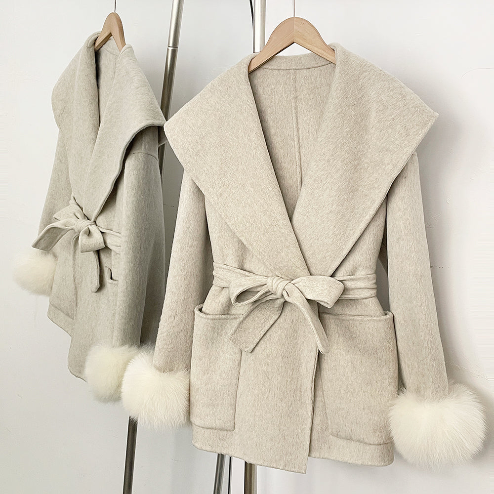 OFTBUY Pockets Elegant Warm Winter Fashion Outerwear Female New Women's Double-Faced Wool Coat Lapel Collar Belt Real Fox Fur