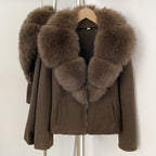 OFTBUY Women's Faux Fur Collar Knit Zip Up Jacket Brown Loose Warm Winter Sweater Coat Female Fashion Casual Cardigan Outerwear