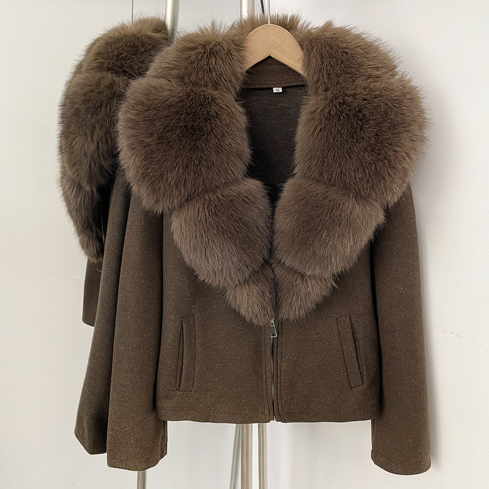 OFTBUY Women's Faux Fur Collar Knit Zip Up Jacket Brown Loose Warm Winter Sweater Coat Female Fashion Casual Cardigan Outerwear