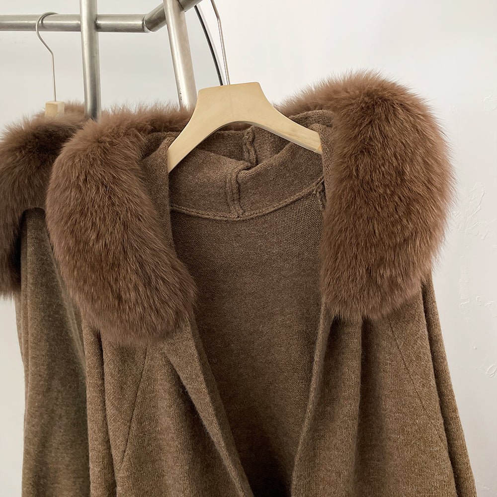 OFTBUY Hooded Long Knitted Cardigan Women Fashion New Spring Autumn Clothes Female Thick Warm Real Fox Fur Knitting Jacket Lady