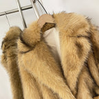 OFTBUY Luxury Long-Length Belted Faux Fur Coat - Premium Vegan Silver Fox Style Overcoat with Oversized Lapel